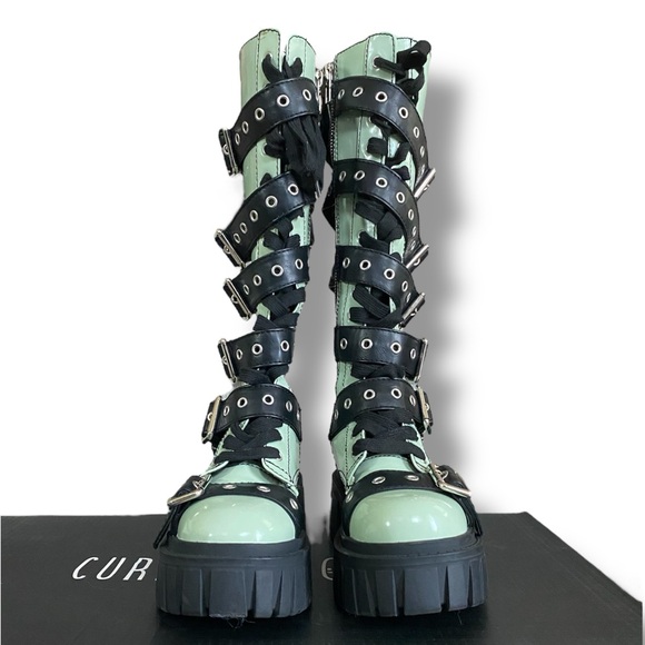 DollsKill | Current Mood Cyber Y2K Goth Grunge Buckle Green Platform Boots - Picture 2 of 10
